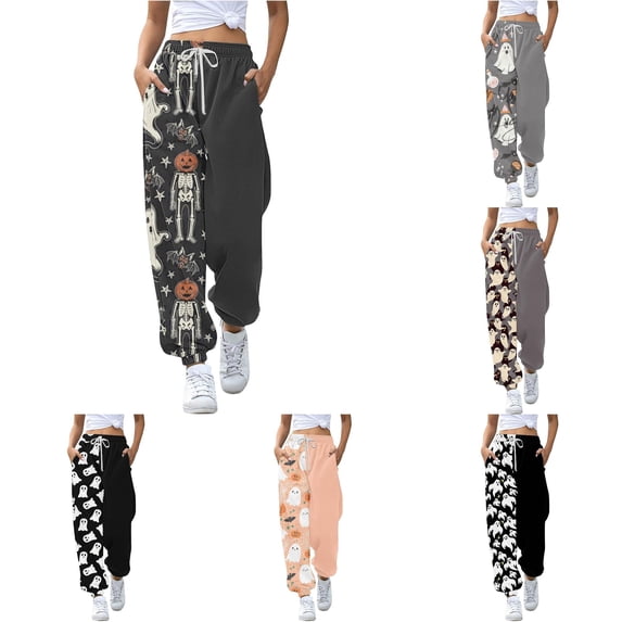 Huowey Baggy Sweatpants For Women Halloween Themed Graphic High Waist Joggers Pants With Pocket Drawstring Casual Daily Stylish Gym Athletic Trousers,Dark Gray,XXL