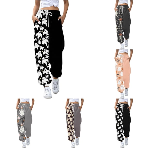 Huowey Baggy Sweatpants For Women Halloween Themed Graphic High Waist Joggers Pants With Pocket Drawstring Casual Daily Stylish Gym Athletic Trousers,White,XL