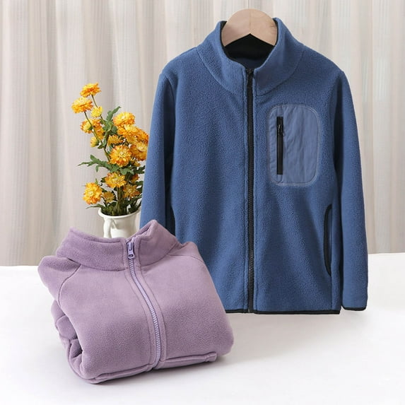 Huowey Big Boys Girls Winter Coats Full Zipper Up Solid Color Front Pockets Long Sleeve Jacket Fuzzy Wool Comfortable Lightweight Outwear For Youth Teens Windbreaker Warm Jacket,Blue,6-7 Years