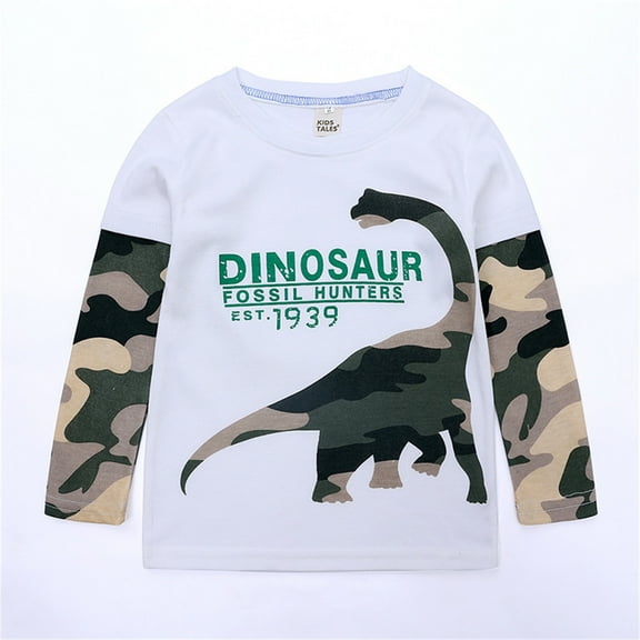 Huowey Big Boys Long Sleeve Shirts Cute Funny Letter Dinosaur Print Classic Crewneck T Shirts Tops Fall Winter Layering Tee Top,White,3-4 Years