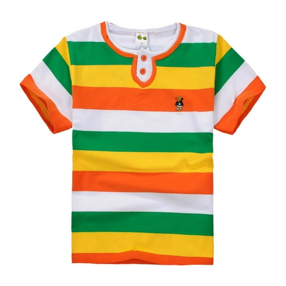 Huowey Big Boys Striped Polo Shirts Casual Loose Fit Color Blocked Short Sleeve Tshirt For Boys Cute Top Button Cartoon Embroidery Loose Fit Layering Tee,Green,13-14 Years