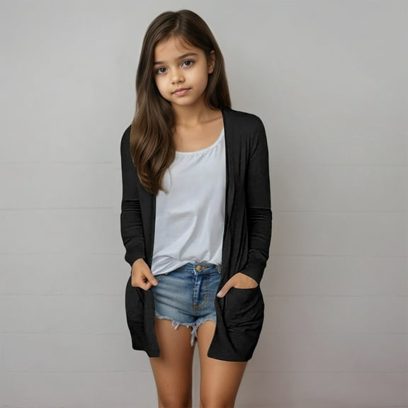 Huowey Big Girls Casual Fall Cardigan Long Sleeve Mid-Length Solid Color Jacket With Pocket Soft Lightweight Comfortable For Teens Loose Fit Relaxed Coat,Black,5-6 Years