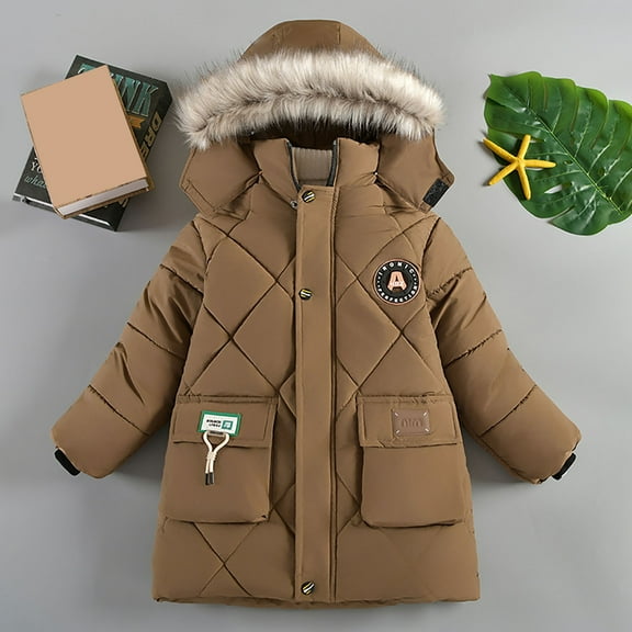 Huowey Big Kids Boys Girls Winter Jacket Hooded Long Sleeve Multi Pocket Cargo Coat Padded Thickened Warm Mid Length Fashion Comfy Soft Outwear,Brown,5-6 Years