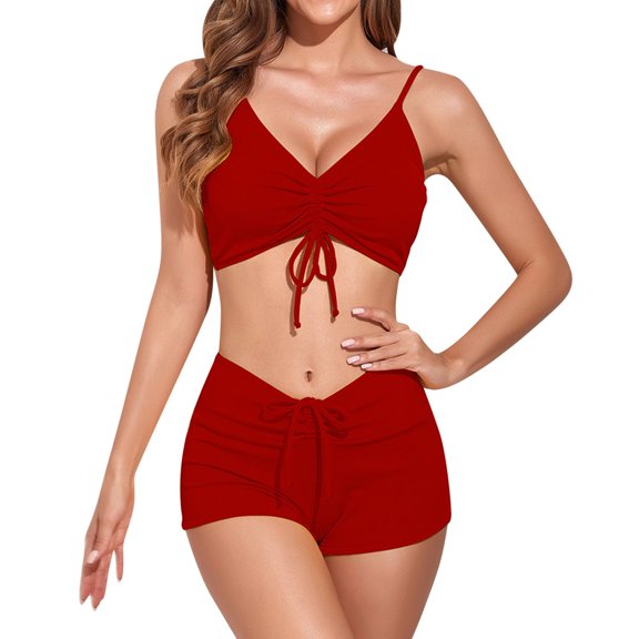 Huowey Bikini Sets For Women 2PCS Swimsuit High Waisted Hollow Bathing Suits Solid Color V-Neck Vacation Beachwear Honeymoon Cruise Trendy Wear