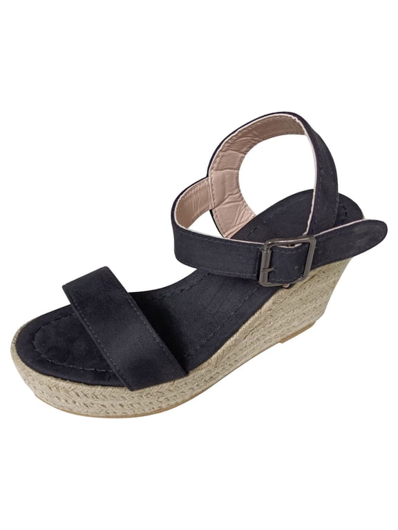 Black Sandals Women Open Toe Two Strap Espadrille Wedge Sandals Adjustable Buckle Ankle Strap Suede Platform Summer Casual Beach Walking Heel Shoes,Black,5.5