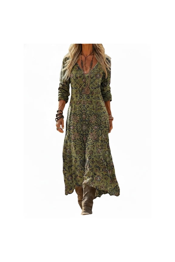 Boho Dresses For Women V Neck 3/4 Sleeves Floral Print Summer Loose Fit Oversized Tunic Beach Dress A Line Soft Casual Lightweight Fashionable Long Dresses,Dark Green,L