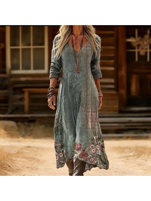 Boho Dresses For Women V Neck 3/4 Sleeves Floral Print Summer Loose Fit Oversized Tunic Beach Dress A Line Soft Casual Lightweight Fashionable Long Dresses,Green,M