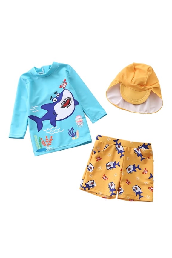 Boys 3 Piece Swimsuits Rash Guard Raglan Sleeve Striped Cute Cartoon Pattern Long Sleeve Shirts Tops And Elastic Waist Shorts Trunks Swimwear Outfits Bathing Suit,Sky Blue,6-7 Years