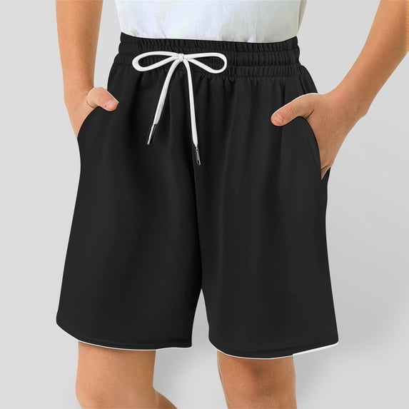 Huowey Boys Athletic Shorts Solid Color Straight Leg Comfortable Loose Fit Casual Summer Play Shorts Elastic Waist Running Beach Breathable Cozy Outdoor Streetwear Clothes,Black,10-11 Years
