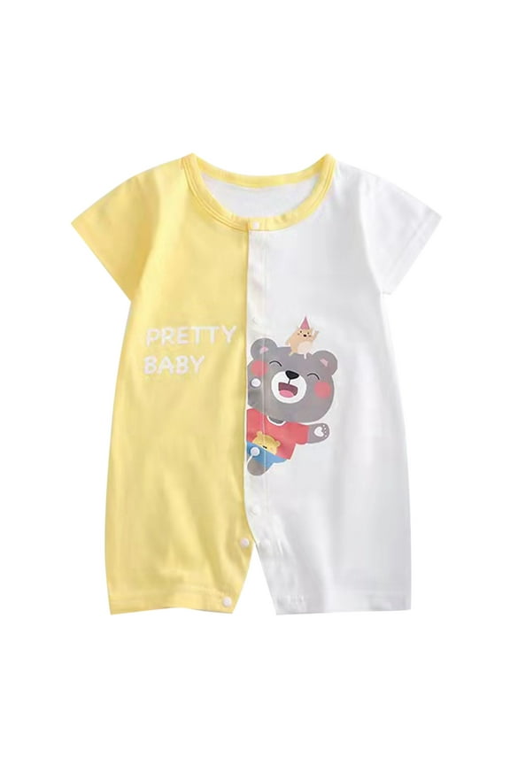 Boys Baby Toddler Romper Jumpsuit Short Sleeve Round Solid Cartoon Print Pullover Gentleman Bodysuit Breathable One-Piece Cozy Clothes Dailywear,Yellow,3-6 Months