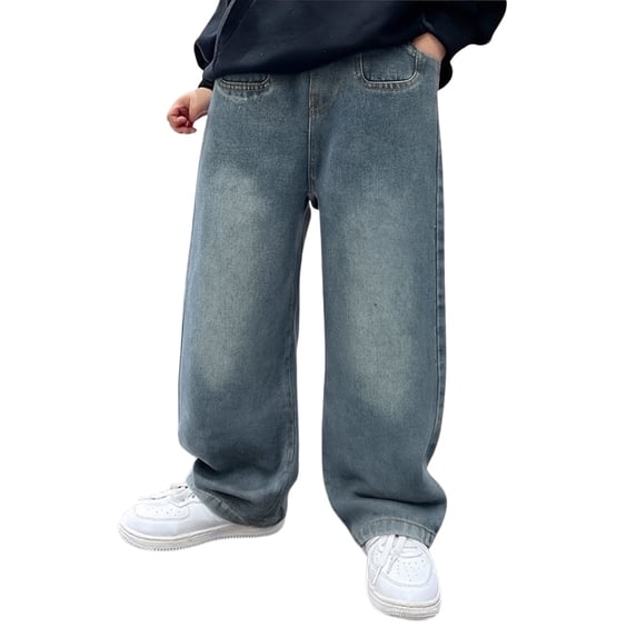 Huowey Boys Baggy Denim Trousers Casual Straight Wide Leg Pants With Pockets Loose Fit High Waist Vintage Comfortable Washed Fashionable Soft Breathable Jeans Dailywear,Blue,12-13 Years