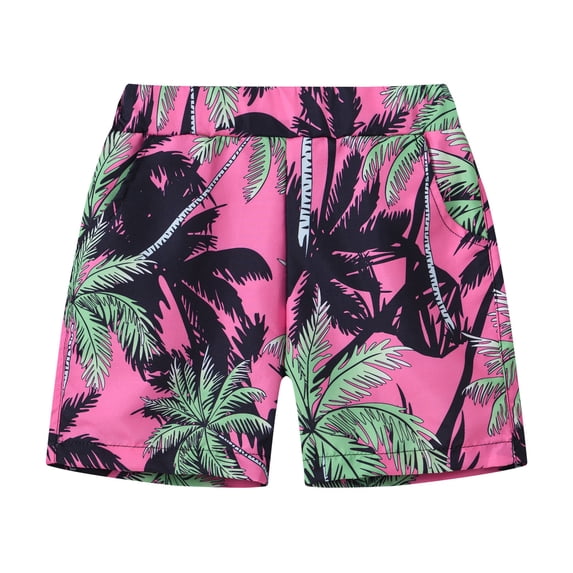 Huowey Boys Board Trunks Casual Summer Elastic Waist Cute Dinosaur Graphic Floral Printing Shorts Holiday Beach Quick Dry Bathing Suit With Boxer Brief Swimwear,Hot Pink,4-5 Years