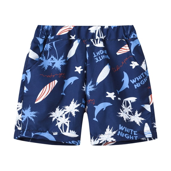 Huowey Boys Board Trunks Casual Summer Elastic Waist Cute Dinosaur Graphic Floral Printing Shorts Holiday Beach Quick Dry Bathing Suit With Boxer Brief Swimwear,Dark Blue,6-7 Years