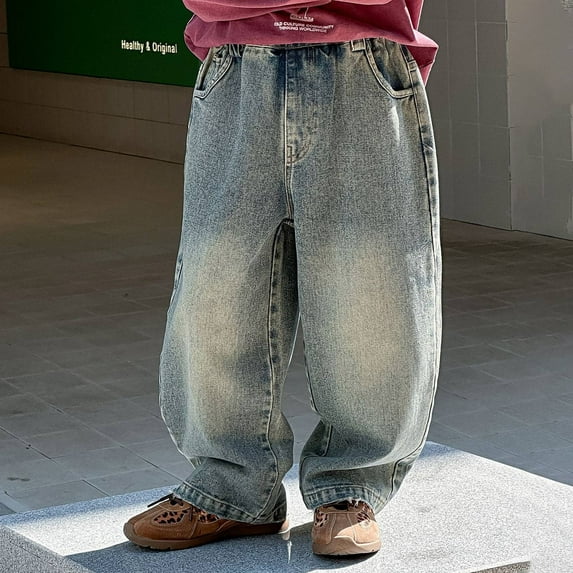 Huowey Boys Cargo Pants Straight Leg Jeans Fashion Color Comfortable Casual Denim Trousers Elastic Waist Loose Fit For Big Boys Track Pants Dailywear,Blue,3-4 Years