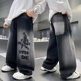 thumbnail image 1 of Huowey Boys Casual Denim Pants Straight Leg Loose Fit Trousers For Big Kids Comfortable Wide Leg Print Jeans Elastic Waist Fashion Playwear Dailywear,Black,12-13 Years, 1 of 6