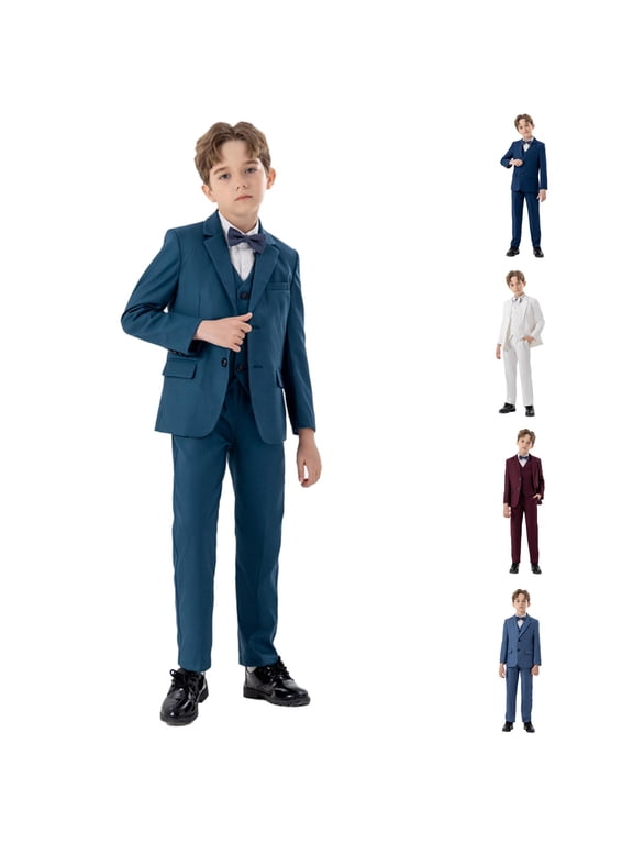 Boys Casual Outfits Formal Suits Outfits 4 Piece Tuxedo Set Slim Fit Blazer Vest+Jacket+Pants +Bowtie For Kids Wedding Birthday Party Suit Boy Dress Clothes,Green,2-3 Years