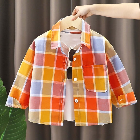 Huowey Boys Casual Plaid Shirts Long Sleeve Button Down Loose Fit Tops Teens Comfortable Spring Summer Fall Fashion Jacket Outwear,Orange,5-6 Years