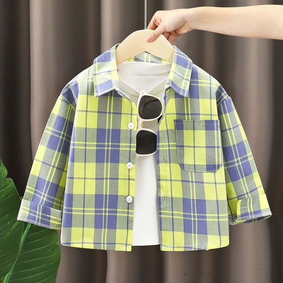 Huowey Boys Casual Plaid Shirts Long Sleeve Button Down Loose Fit Tops Teens Comfortable Spring Summer Fall Fashion Jacket Outwear,Light Yellow,3-4 Years
