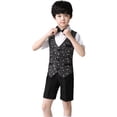 thumbnail image 1 of Huowey Boys Formal Dresswear Suit Sleeveless V Neck Button Down Sparkly Sequin Vest+Dress Shirt+Shorts+Bowtie Performance Stage Party Show For Kids Outfits Fashion Streetwear,Black,7-8 Years, 1 of 4