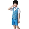 thumbnail image 1 of Huowey Boys Formal Dresswear Suit Sleeveless V Neck Button Down Sparkly Sequin Vest+Dress Shirt+Shorts+Bowtie Performance Stage Party Show For Kids Outfits Vacation Dailywear,Blue,5-6 Years, 1 of 3