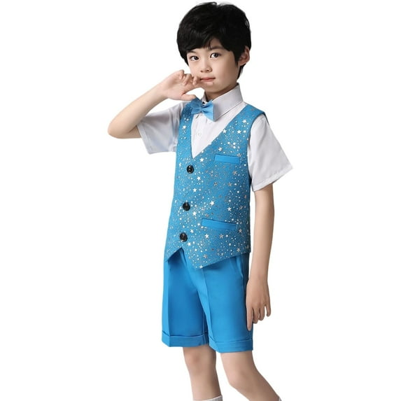 Huowey Boys Formal Dresswear Suit Sleeveless V Neck Button Down Sparkly Sequin Vest+Dress Shirt+Shorts+Bowtie Performance Stage Party Show For Kids Outfits Vacation Dailywear,Blue,5-6 Years