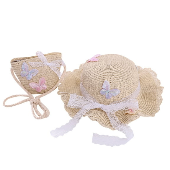 Huowey Toddler Kids Children Girls Butterfly Sunshade Hat Straw Beach Sun Hat + Straw Bag Boho Dailywear, One Size