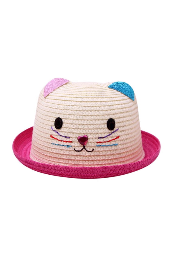 Boys Girls Sun Hats Straw Hat Wide Brim Cartoon Cute Cat Pattern Summer Beach Hat Breathable Bucket Hats,Hot Pink,One Size