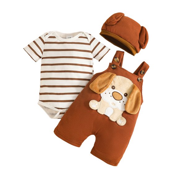 Huowey Boys Girls Suspender Shorts Set Short Sleeve Classic Striped Prints Round Neck Romper Bodysuit Cute Cartoon Animal Dog Pattern Embroidery Overall Outfits Spring Fall Clothes,Brown,6-12 Months