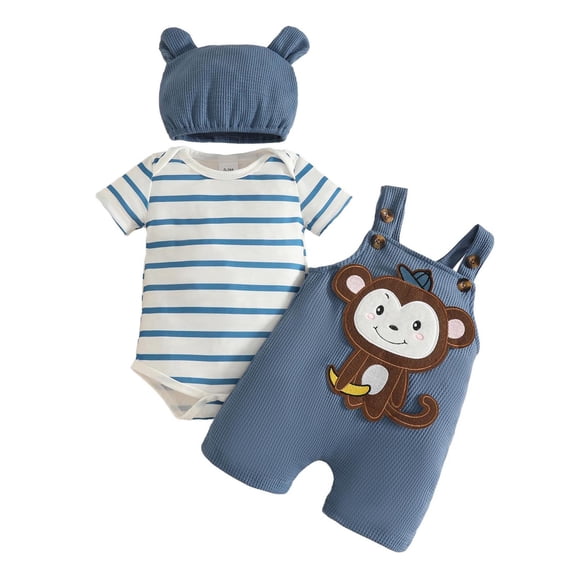 Huowey Boys Girls Suspender Shorts Set Short Sleeve Classic Striped Prints Round Neck Romper Bodysuit Cute Cartoon Animal Dog Pattern Embroidery Overall Outfits Streetwear,Dark Blue,12-18 Months