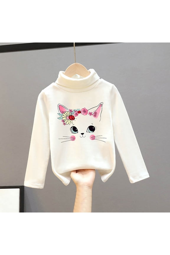 Boys Girls Thermal Shirts Turtleneck Long Sleeve Lovely Graphic Print Soft Tops Undershirt Furry Thick Base Layer Top Youth Underwear For Winter,White,12-18 Months