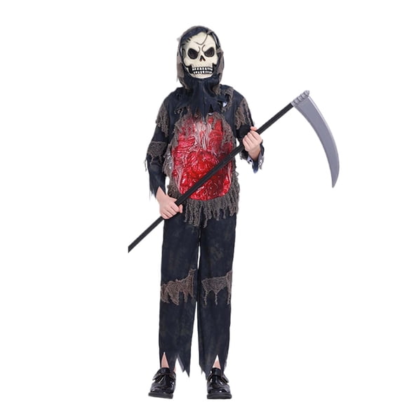 Huowey Boys Halloween Clothing Halloween Grim Reaper Clothing For Kids Glow In The Dark Halloween Phantom Jumpsuit With Scythe Belt,Skull Mask And Glove,Black,12-14 Years