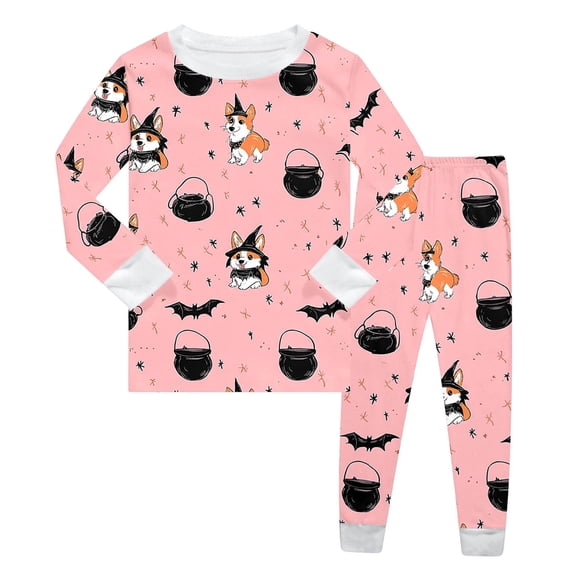 Huowey Boys Halloween Pajamas Girls Crew Neck Cute Print Pajama Sets Long Sleeve Lovely Sleepwear 2 Piece Pjs Multiple Cartoon Jammies Homewear,Pink,6-7 Years