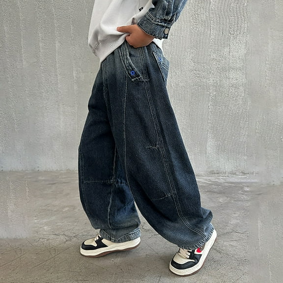 Huowey Boys Jeans Comfortable Stretch Denim Pants Wide Leg Casual Loose Fit Trousers Elastic Waist Drawstring Relaxed Dailywear,Blue,5-6 Years
