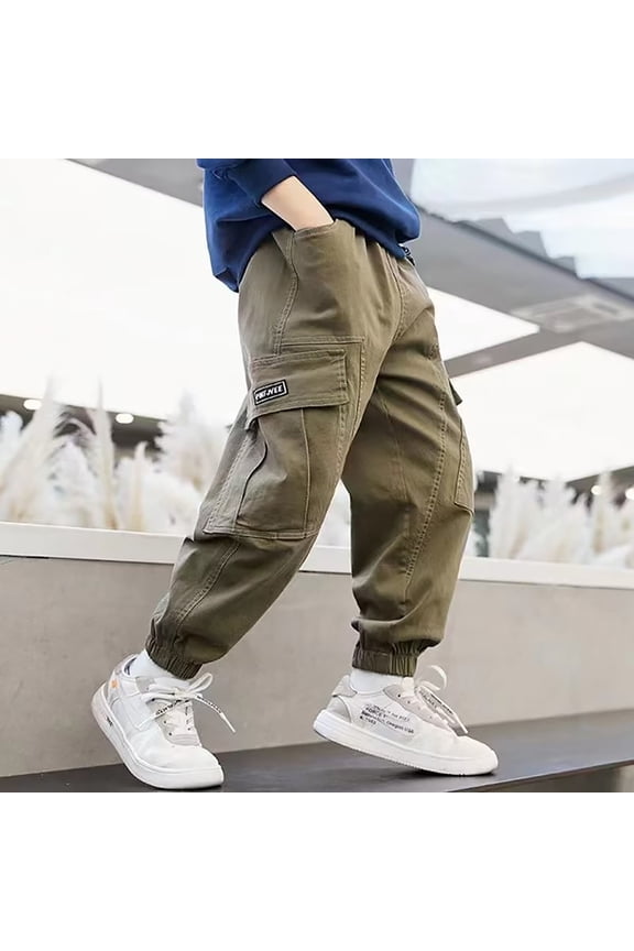 Boys Kids Casual Cargo Pants Multiple Pockets Solid Color Loose Sweatpants Hiking Running Ankle-Tied Trousers Sports Activewear,Brown,3-5 Years