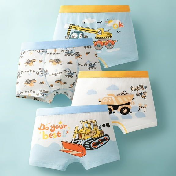 Huowey Boys Kids Underwear Soft Cotton Boxer Briefs Dinosaur Truck Printed 4 Pack For Pupil Kindergarten Kids,Light Blue,4-6 Years