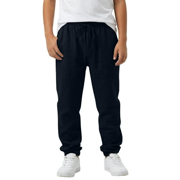 Huowey Boys Linen Pants Casual Solid Color Drawstring Elastic Waist Wide Leg Ankle-Tied Trousers Comfortable Breathable Summer School Uniform Sports Joggers,Navy,12-13 Years