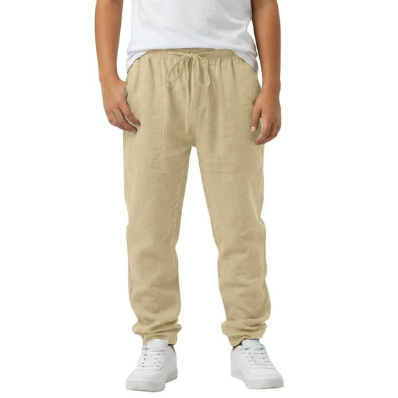 Huowey Boys Linen Pants Casual Solid Color Drawstring Elastic Waist Wide Leg Ankle-Tied Trousers Comfortable Breathable Summer School Uniform Sports Joggers,Khaki,16-17 Years
