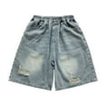thumbnail image 1 of Huowey Boys Mid Thigh Denim Shorts Ripped Soft Elastic Band Inside Half Jean Pants, 1 of 8
