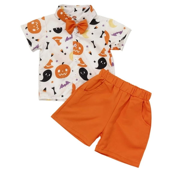 Huowey Boys Outfits Two Piece Sets Casual Summer Short Sleeve Button Down Pumpkin Print Blouse Top And Elastic Waist Shorts Cozy Playwear With Pocket Set Dailywear,4-5Y