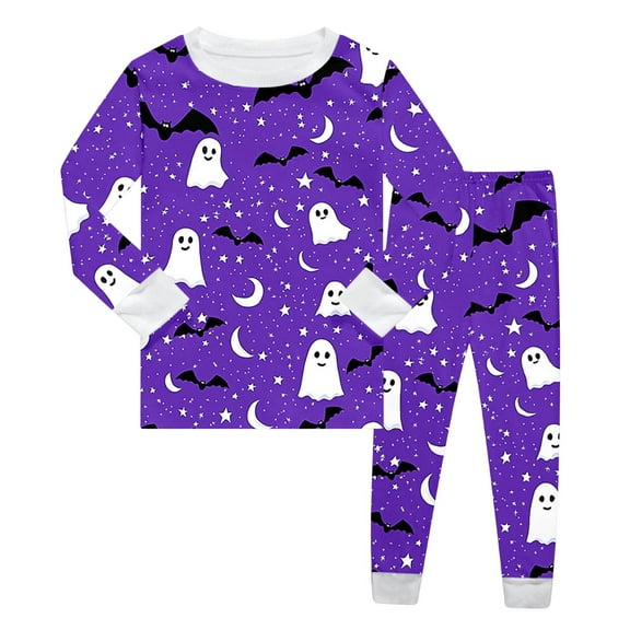 Huowey Boys Pajamas Halloween Girls Crew Neck Cute Print Pajama Sets Long Sleeve Lovely Sleepwear 2 Piece Pjs Multiple Cartoon Jammies Sleepwear,Purple,5T