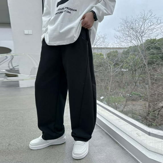 Huowey Boys Pants Casual Drawstring Elastic Waist Sweatpants Wide Leg Athletic Sport Running Joggers Solid Color With Pocket Straight Leg Trousers,Black,8-9 Years
