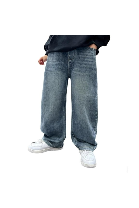 Boys Pants Elastic Waistband Jeans Straight Fit Loose Denim Trousers Baggy Jeans With Pockets Trousers,Blue,4-5 Years