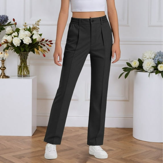 Huowey Boys School Pants Casual Uniform Trousers High Waist Straight Leg Solid Color Flat Front Dress Pant For Big Girls Boys Dailywear,Black,17-18 Years