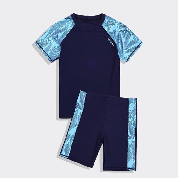 Huowey Boys Swimsuits Set 2 Piece Swimwear Short Sleeve Round Neck Striped Print Raglan Sleeve Tshirts Top High Waist Wide Leg Swim Trunks Shorts Stylish Holiday Bathing Suits,Navy,10-12 Years