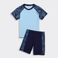 thumbnail image 1 of Huowey Boys Swimsuits Set 2 Piece Swimwear Short Sleeve Round Neck Striped Print Raglan Sleeve Tshirts Top High Waist Wide Leg Swim Trunks Shorts Stylish Holiday Bathing Suits,Blue,14-16 Years, 1 of 7