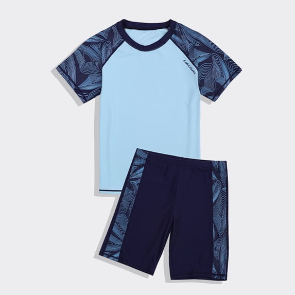 Huowey Boys Swimsuits Set 2 Piece Swimwear Short Sleeve Round Neck Striped Print Raglan Sleeve Tshirts Top High Waist Wide Leg Swim Trunks Shorts Stylish Holiday Bathing Suits,Blue,14-16 Years