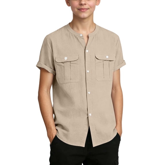 Huowey Boys Kids Shirts Casual Short Sleeve Button Down Crewneck Front Pockets Summer Beach Collar Dress Shirt Solid Color Comfortable Top Loose Clothes Truck dailywear,Khaki,9-10 Years