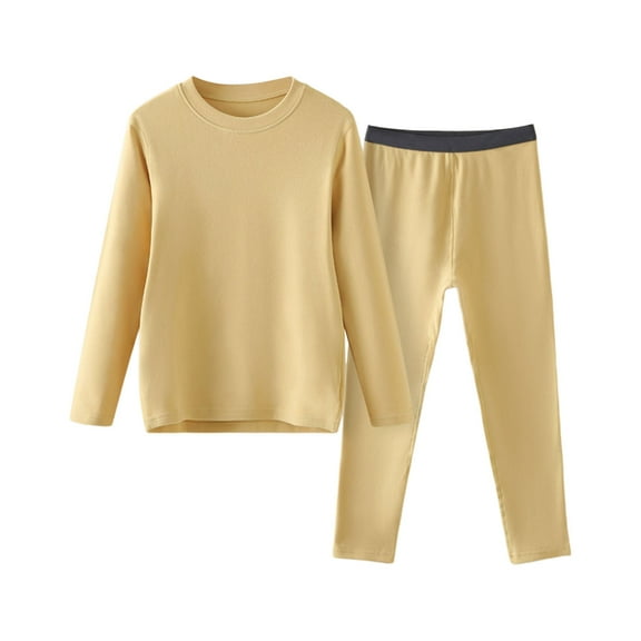 Huowey Boys Thermal Clothing Set Long Sleeve Round Neck Sleepwear Solid Color Relaxed Fit Comfortable Wicking Loungewear Outfit Daily Wear,Yellow,6-7 Years