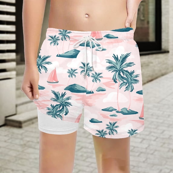 Huowey Boys Youth Casual Board Shorts Drawstring Elastic Waist Summer Breathable Leaf Print Beachwear Bottoms With Liner Lightweight Breathable Cozy Short Trunks Pull On Shorts,Light Pink,7-8 Years