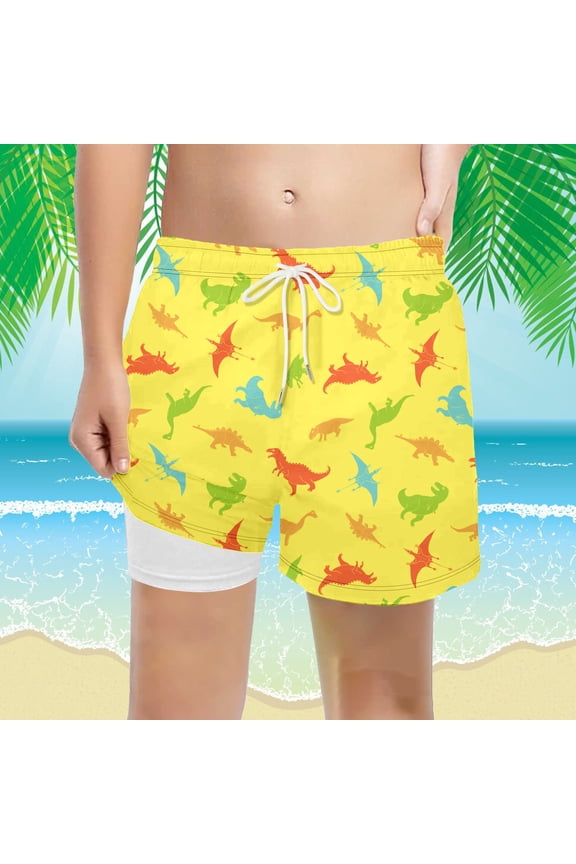 Boys Youth Casual Board Shorts Drawstring Elastic Waist Summer Breathable Leaf Print Beachwear Bottoms With Liner Lightweight Breathable Cozy Short Trunks Pull On Shorts,Yellow,7-8 Years